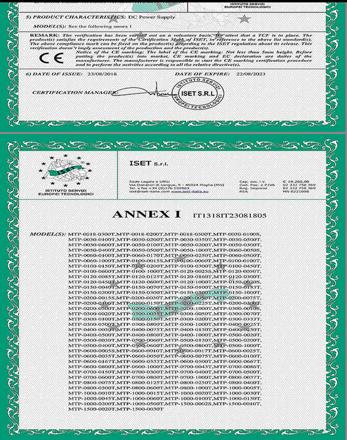 CE Certificate Of MTP Series DC Power Supplies