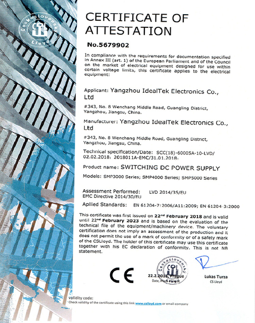 CE Certificate Of SMP Series DC Power Supplies